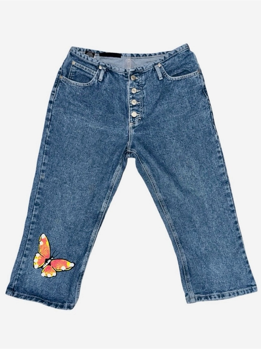 Vintage Y2K Butterfly Graphic Button Fly Capri Denim Jeans Low Rise Size 11